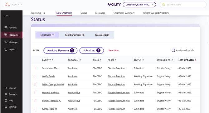 Patients column from the programs page that shows all patients
