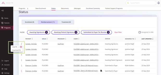 Download PA option displayed here