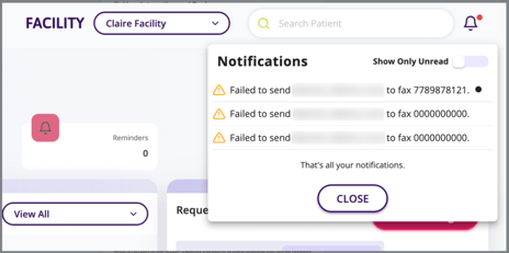A screenshot of the "Notifications" page sowing the failed faxes 