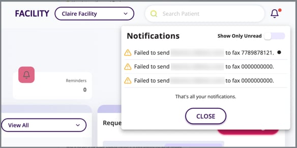 A screenshot of the "Notifications" page sowing the failed faxes