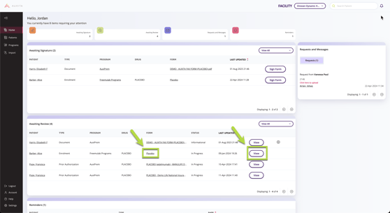 The Awaiting Review section indicating where to click to view a form.