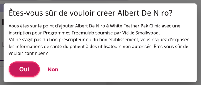 Confirmation de la création d'un patient 