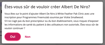 Confirmation de la création d'un patient