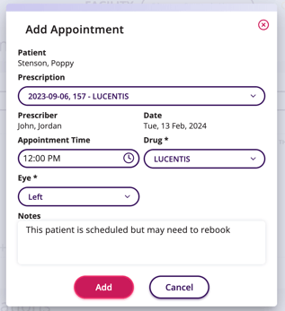 A preview of the 'add appointment' field in the scheduling section, and a successful scheduled patient 