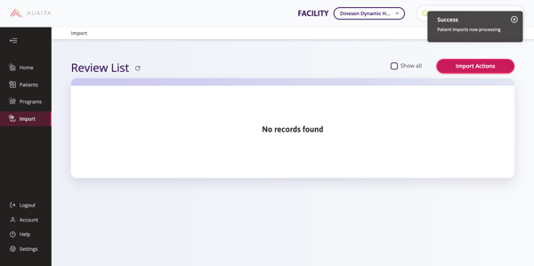 Screenshot of the Bulk Actions screen prior to importing the patient demographics.
