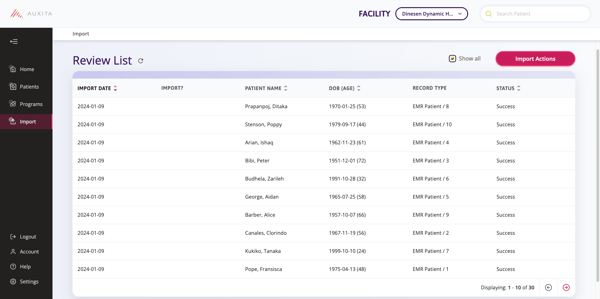 Screenshot of the review list of imported patient demographics.