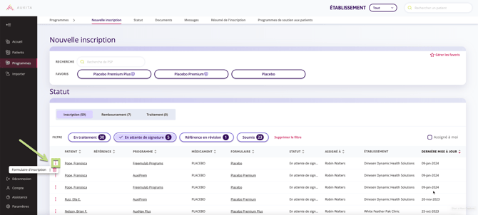 La section de la page d'accueil des programmes est présentée avec un exemple de patient et une vue d'ensemble du programme, mettant en évidence les endroits où il faut cliquer sur Voir les inscriptions et Effacer les filtres. 