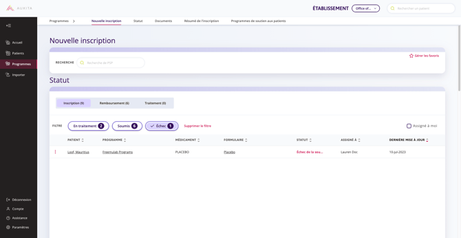 La section Nouvelle inscription où l'état de l'inscription est indiqué comme ayant échoué.