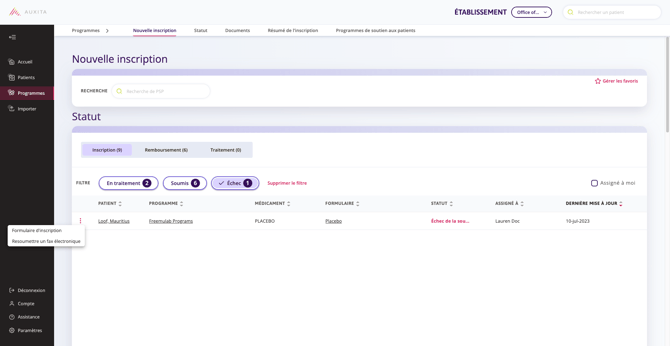 Cliquez sur l'ellipse à l'endroit où le statut de l'inscription indique "Échec" pour voir l'option "Resoumettre l'inscription".
