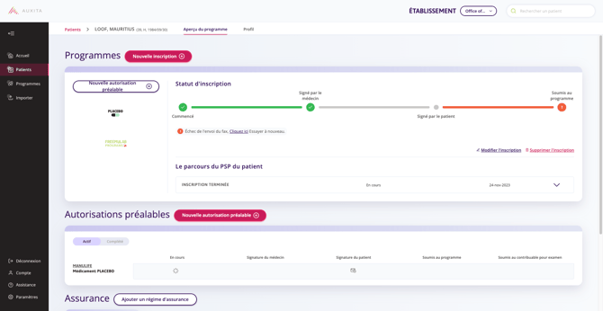 La section Programmes où le statut de l'inscription est indiqué.
