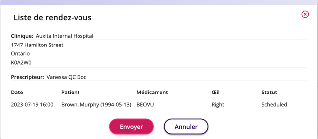 une capture d'écran de ce qui apparaît avant l'envoi du rapport à la pharmacie