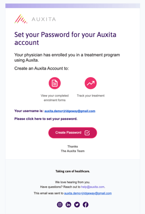 A screenshot of a screen prompting you to create a password for your Auxita account.