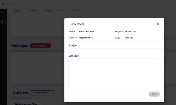 Screenshot of the pop-up where the patient can communicate with the Support Program team by using secure messaging.