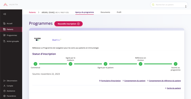 Statut d'inscription pour le médicament placebo qui est actuellement dans l'état Soumis au programme.