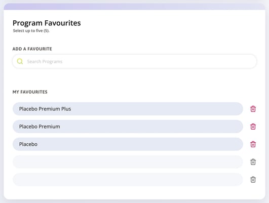 Programs Favourites page where you can add/remove favourite programs