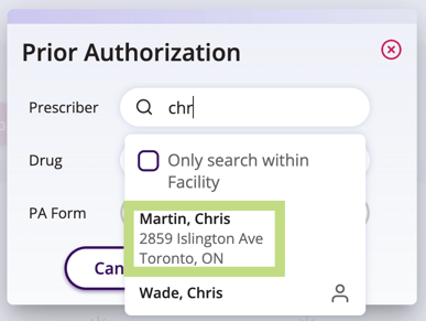 Selecting the prescriber in the drop down is shown here.