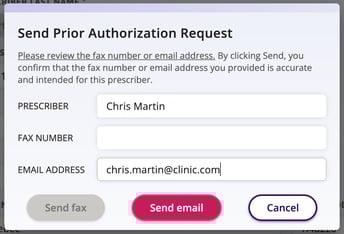 Send prior authorization request via email window is displayed here.