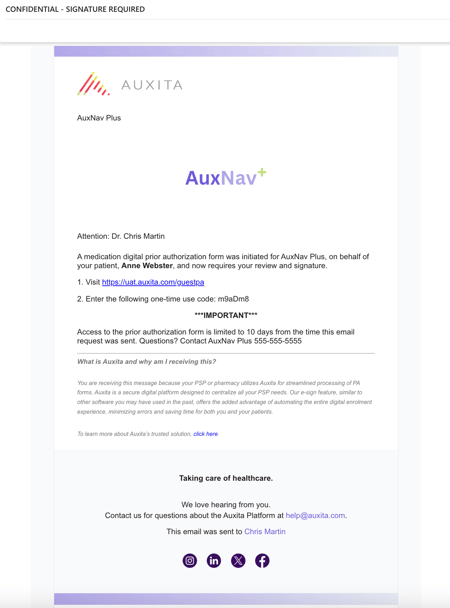 Image of an email example of receiving a one time use code.