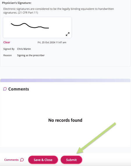 Send for patient signature option shown here.