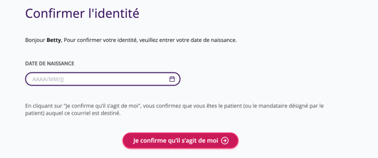 Capture d'écran de l'écran demandant au patient de confirmer son identité en ajoutant sa date de naissance.
