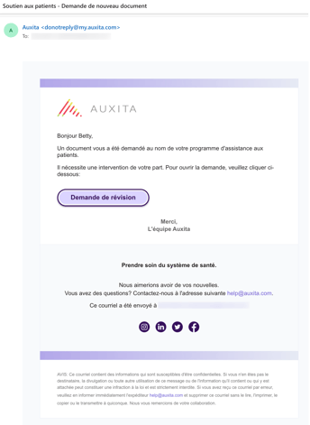 Capture d'écran de l'e-mail que les patients reçoivent et qui les invite à examiner la demande de programme d'aide aux patients.