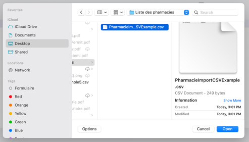 Un exemple de navigation pour sélectionner un fichier CSV est présenté dans cette capture d'écran.