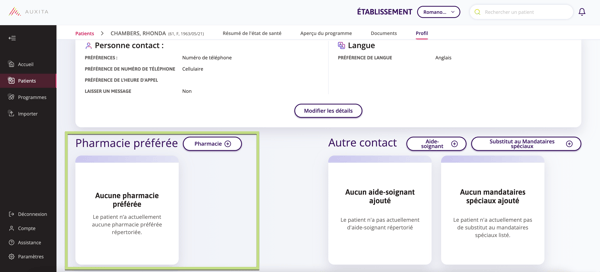 Profil des patients avec les carreaux de la pharmacie préférée disponibles.