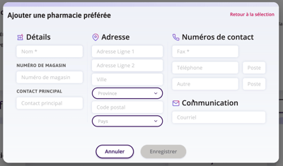 Ajouter la fenêtre Preferred Pharmacy dans laquelle l'utilisateur saisira les données. Le nom et le numéro de télécopie sont marqués d'un astérisque indiquant qu'ils sont obligatoires.
