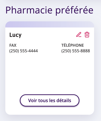 Une tuile complète de pharmacie préférée sur le profil d'un patient.