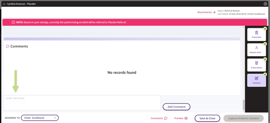 Arrow pointing to the comments section to indicate where to enter a comment on the form.