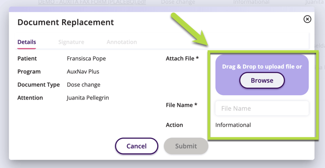 Drag and drop file or upload file options are highlighted here.