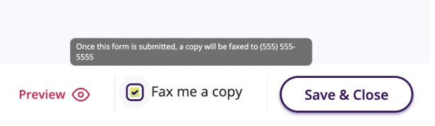 A screenshot of the Fax me a copy option where the fax number is shown