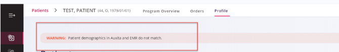 Screenshot of the error message triggered when patient is edited in Auxita instead of EPIC.