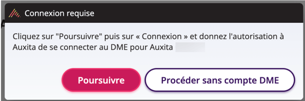 Capture d'écran de la fenêtre contextuelle demandant à l'utilisateur s'il souhaite poursuivre avec ou sans le DME.