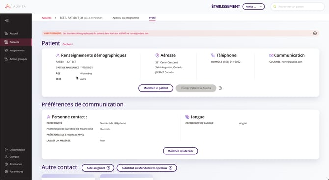  Capture d'écran du message d'erreur déclenché lorsque le patient est édité dans Auxita au lieu d'EPIC.