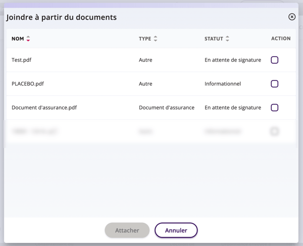 La fenêtre Joindre des documents dans laquelle vous pouvez sélectionner les fichiers à joindre à partir du profil du patient.