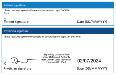 A note indicating the delegate has signed on behalf of the Prescriber is shown next to the signature.