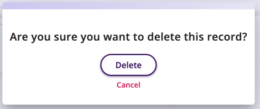 Are you sure you want to delete this record is displayed along with the option to continue to Delete or Cancel.