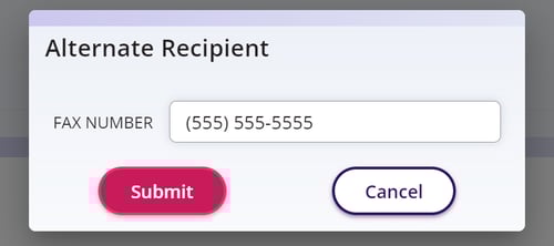 Window displaying the option to enter a Fax Number is available. There are options to Submit the fax number or cancel.