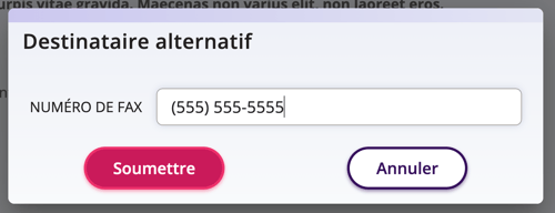 Une fenêtre affichant l'option d'entrer un NUMÉRO DE FAX est disponible. Il y a des options pour soumettre le numéro de fax ou annuler.