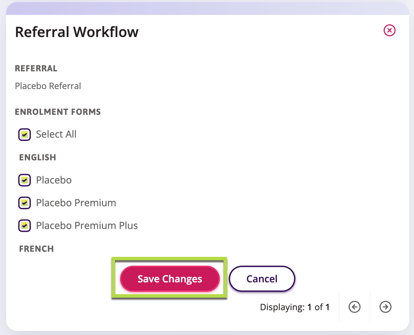 Save changes button is highlighted at the bottom of the referral workflow screen.