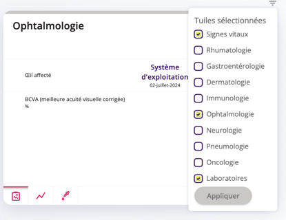 Cette image affiche les filtres des tuiles que vous pouvez sélectionner.