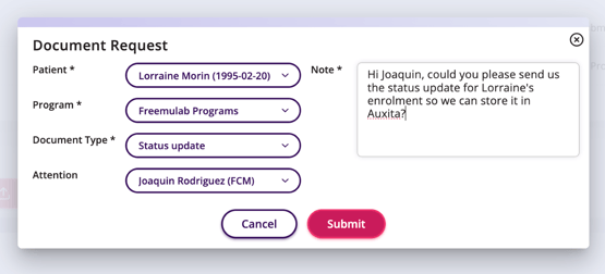 ALThe Document Request window with details requesting a status update document from the Patient Support Program’s FCM.