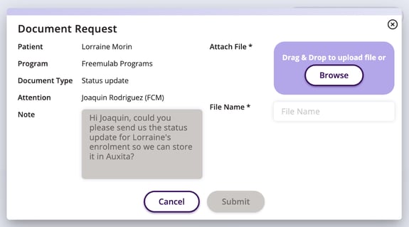 Document requests window that will automatically appear and show patient, program, document type, attention to, notes and where to attach the files/documents