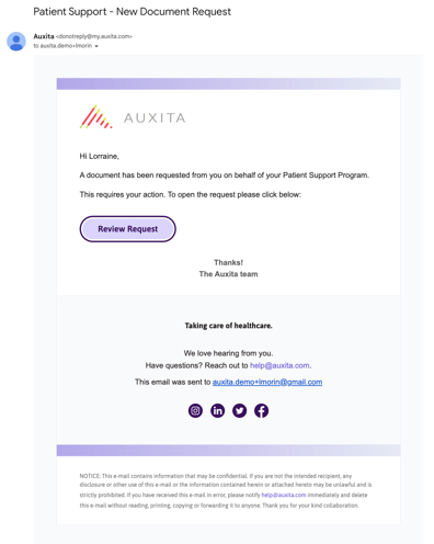 A screenshot of the email patients receive requesting them to review the patient support program request