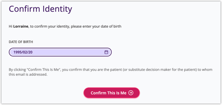 Screenshot of the screen requesting the patient to confirm their identity by adding their date of birth