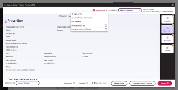 A snippet of a prior authorization form displays the Attachments option selected, here you can select upload file or attach from documents.