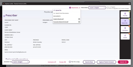 A snippet of a prior authorization form displays the Attachments option selected, here you can select upload file or attach from documents.