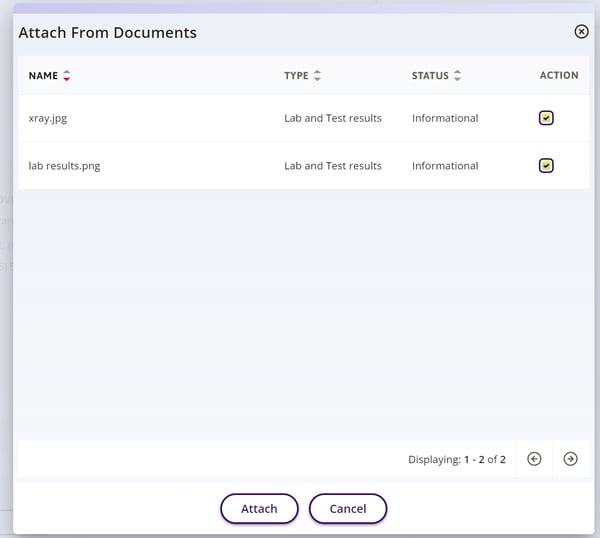 the Attach from Documents window where you can select files to attach from the patient profile.