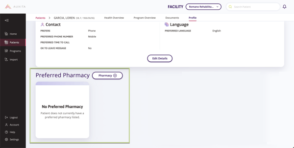 Patients Profile with Preferred Pharmacy tile available.